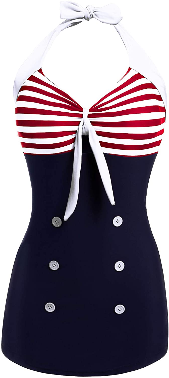 Ekouaer Womens Vintage Retro Striped One Piece Swimsuit Pin up Halter Monokini Bathing Suit
